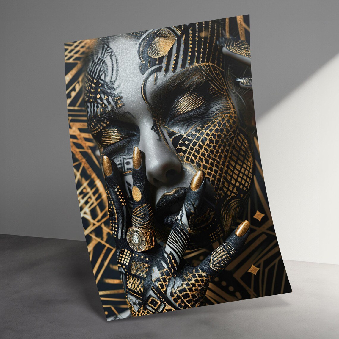 Bold Golden Tribal Body Paint Beauty Portrait Striking Art Poster - Image 3