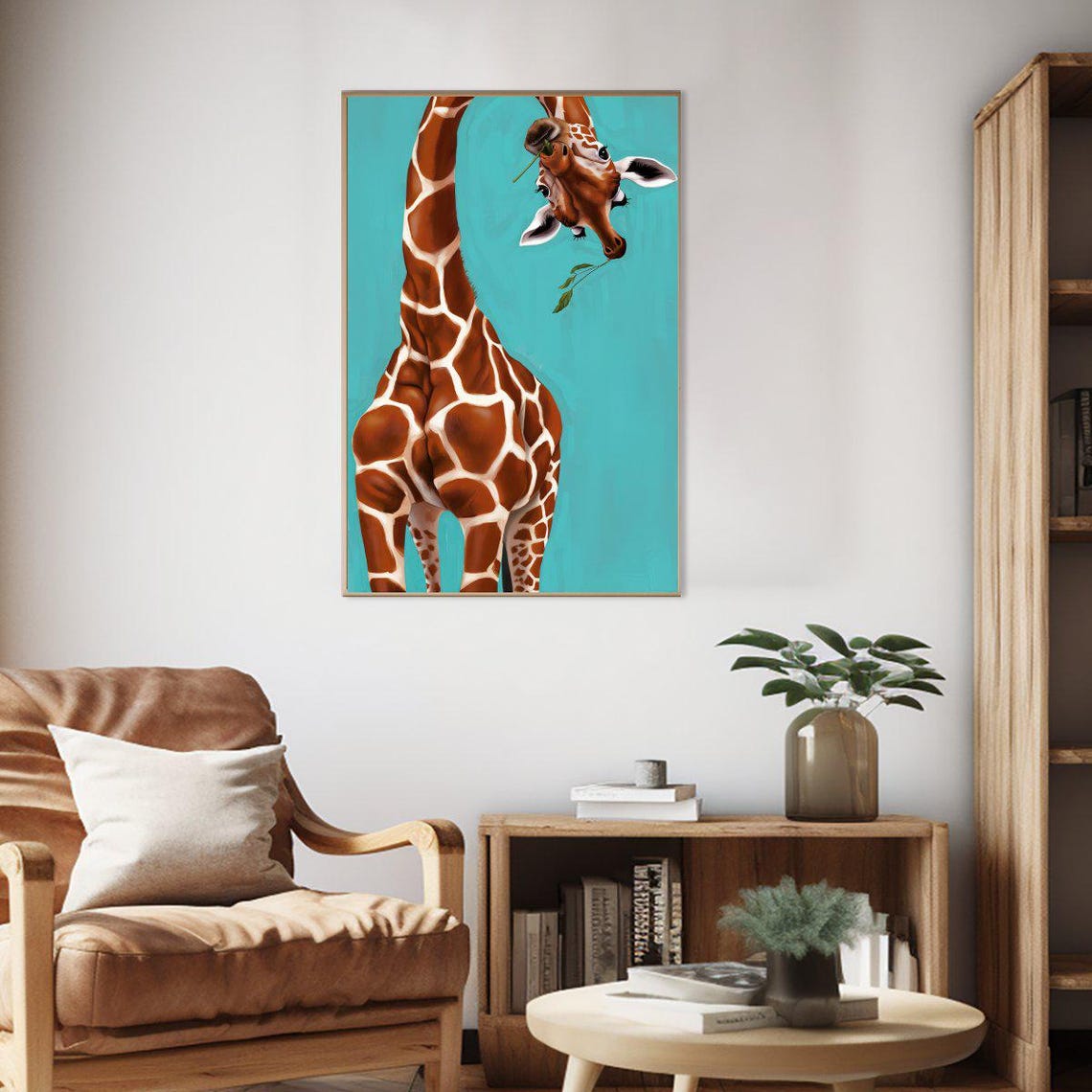 Upside Down Giraffe Face Teal Background Whimsical Animal Poster - Image 2