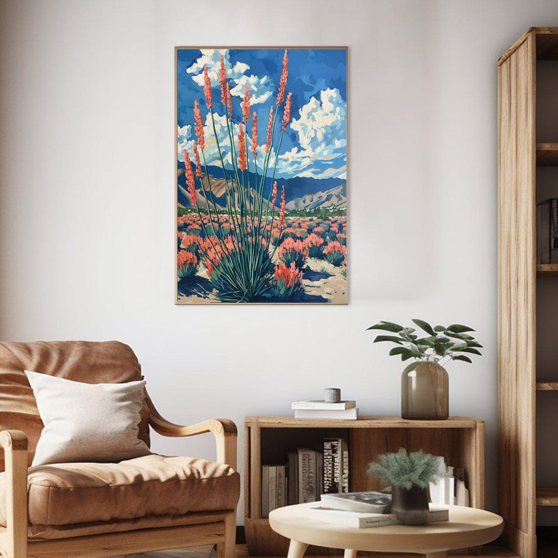 Desert Bloom Coral Flowers Blue Sky Mountains Botanical Art Poster - Image 2