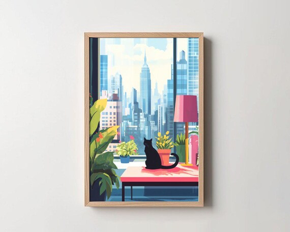 Black Cat Watching City Skyline from Window Seat Plant Poster