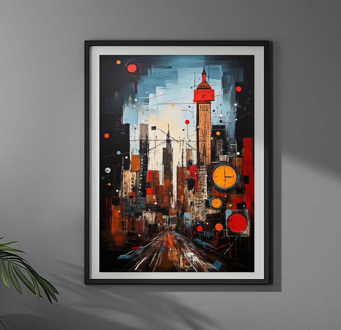 Bold City With Clocks Abstract Night Skyline Modern Art Poster