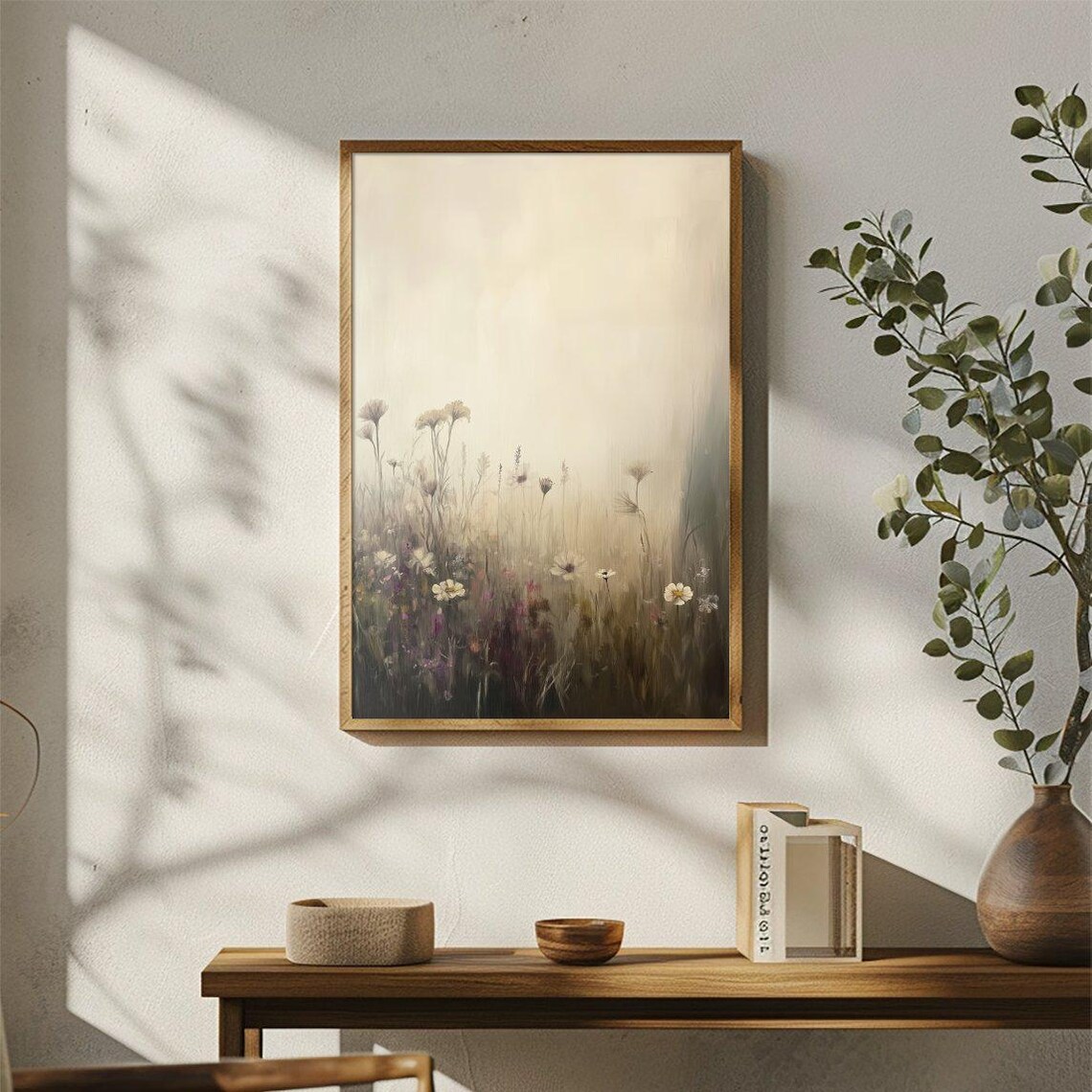 Misty Wildflower Meadow Cream Sunrise Soft Nature Art Poster - Image 3