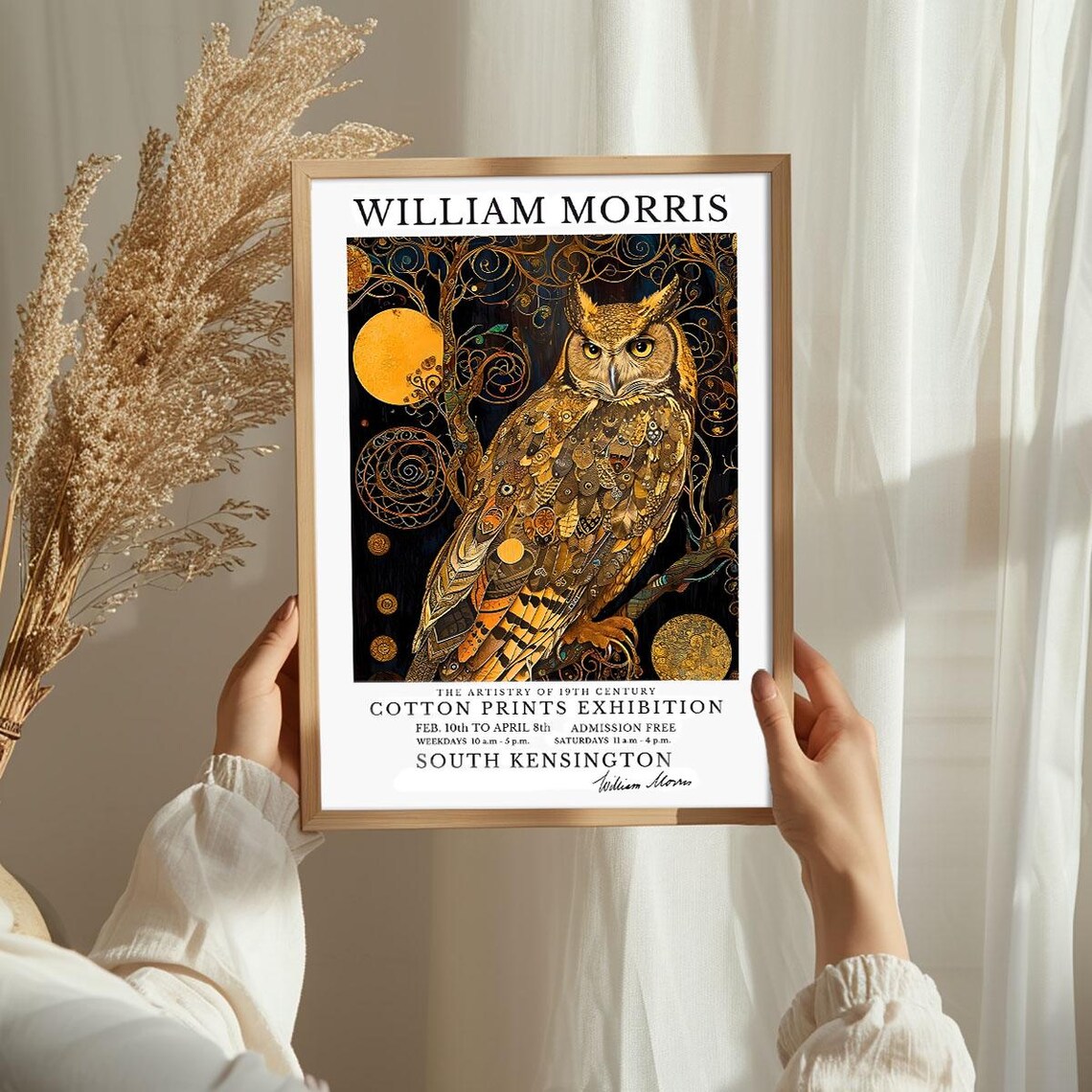 William Morris Golden Owl Moon Ornate Cotton Prints Exhibition Poster - Image 3