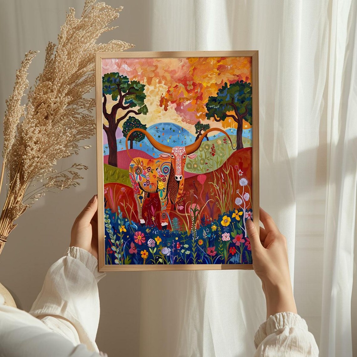 Whimsical Longhorn Cow Wildflower Meadow Folk Art Colorful Art Poster - Image 3