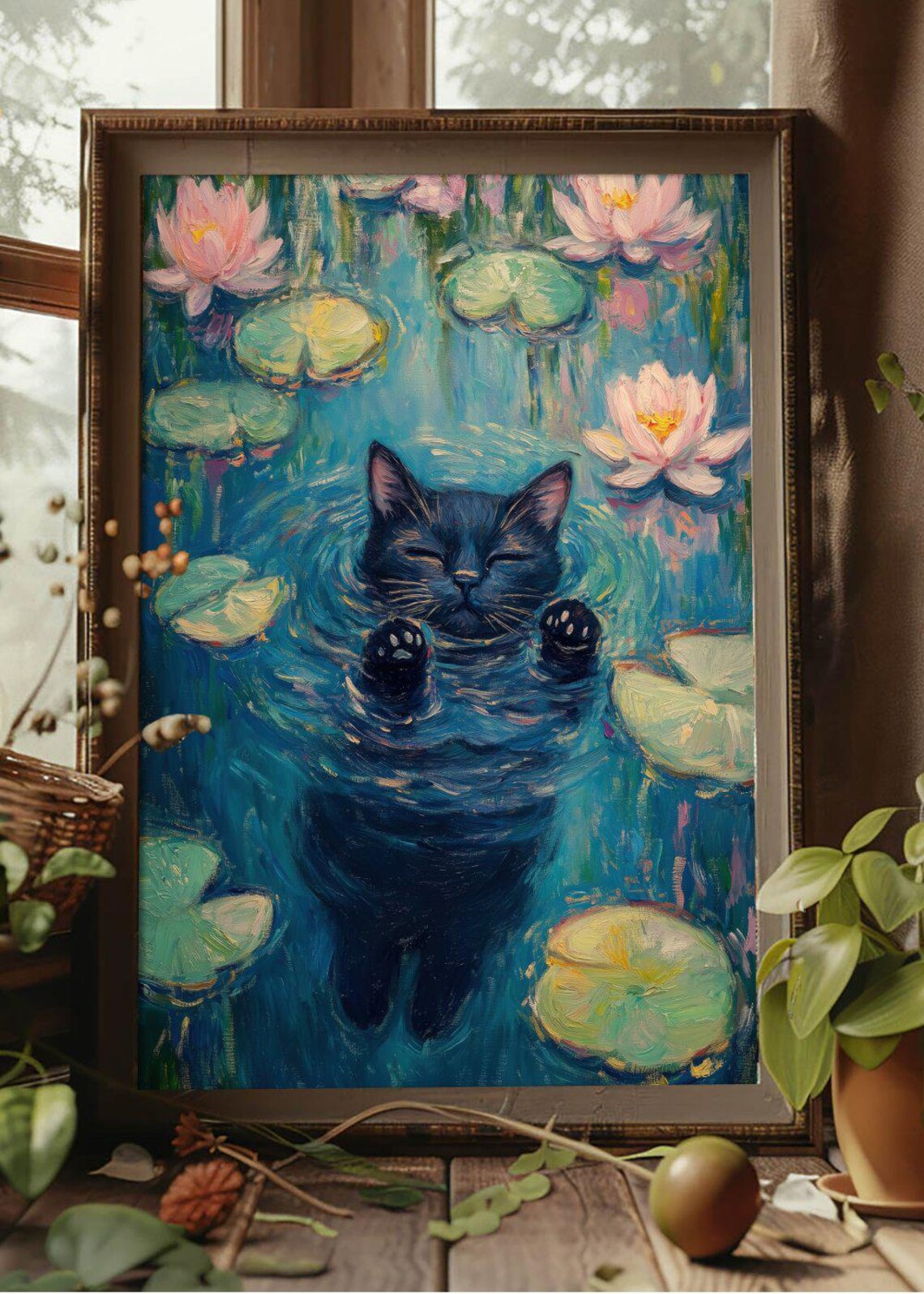 Cute Cat Floating In Water Lilies Art Print Cat Lover Illustration Whimsical Decoration Wall Art Decor - Image 2
