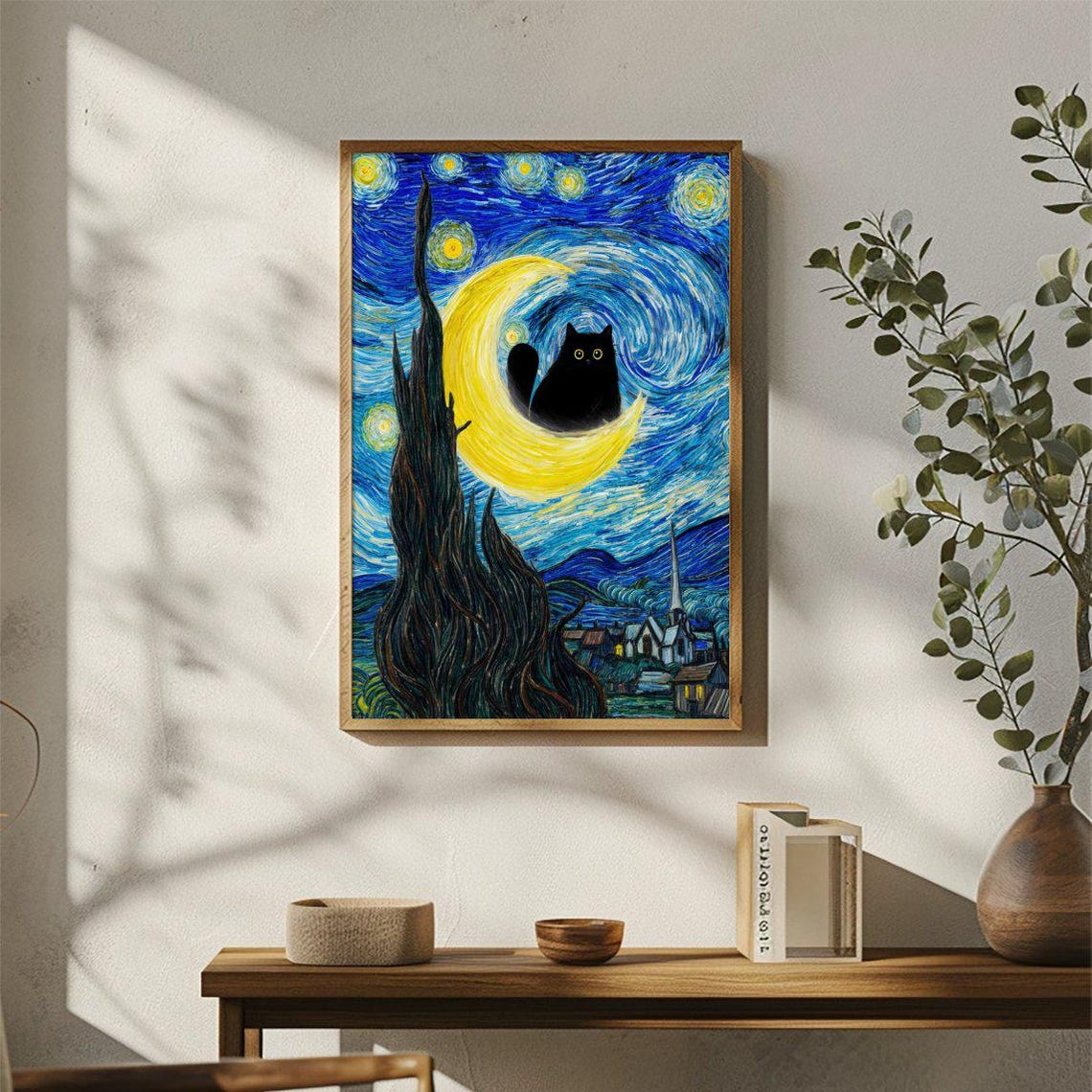 Black Cat On Crescent Moon Starry Night Van Gogh Style Poster - Image 3