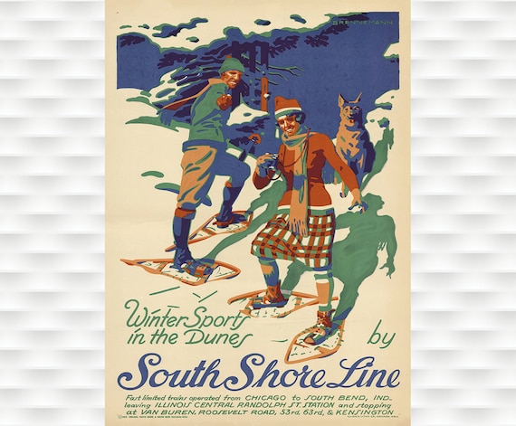 Winter Sports in the Dunes South Shore Line Snowshoe Vintage Poster