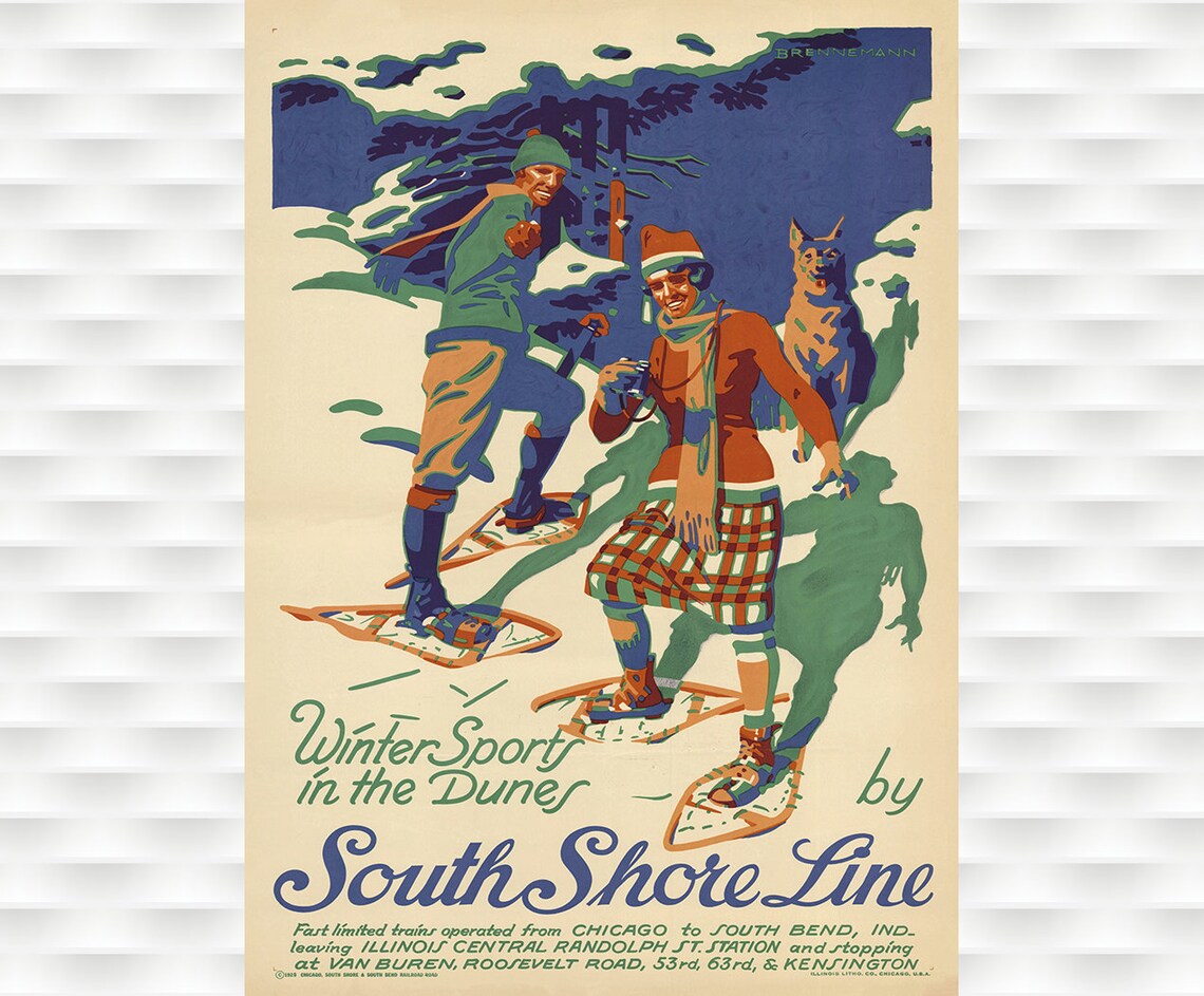 Winter Sports in the Dunes South Shore Line Snowshoe Vintage Poster