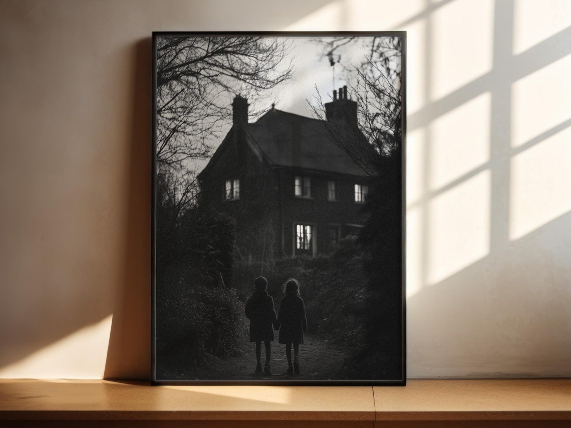 Haunted House Two Kids Black and White Spooky Vintage Poster