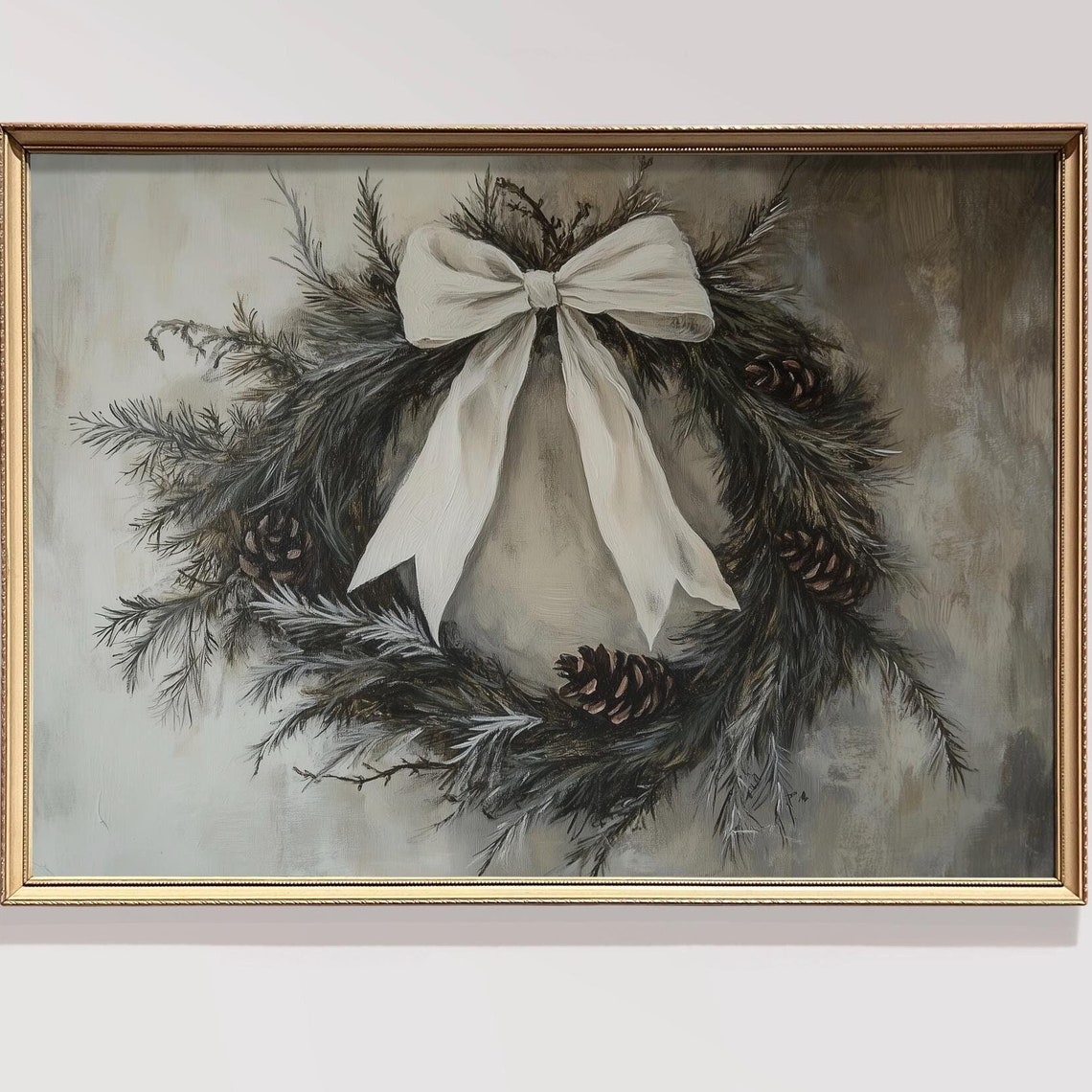 Pine Wreath White Bow Muted Winter Minimalist Christmas Wall Art - Image 2