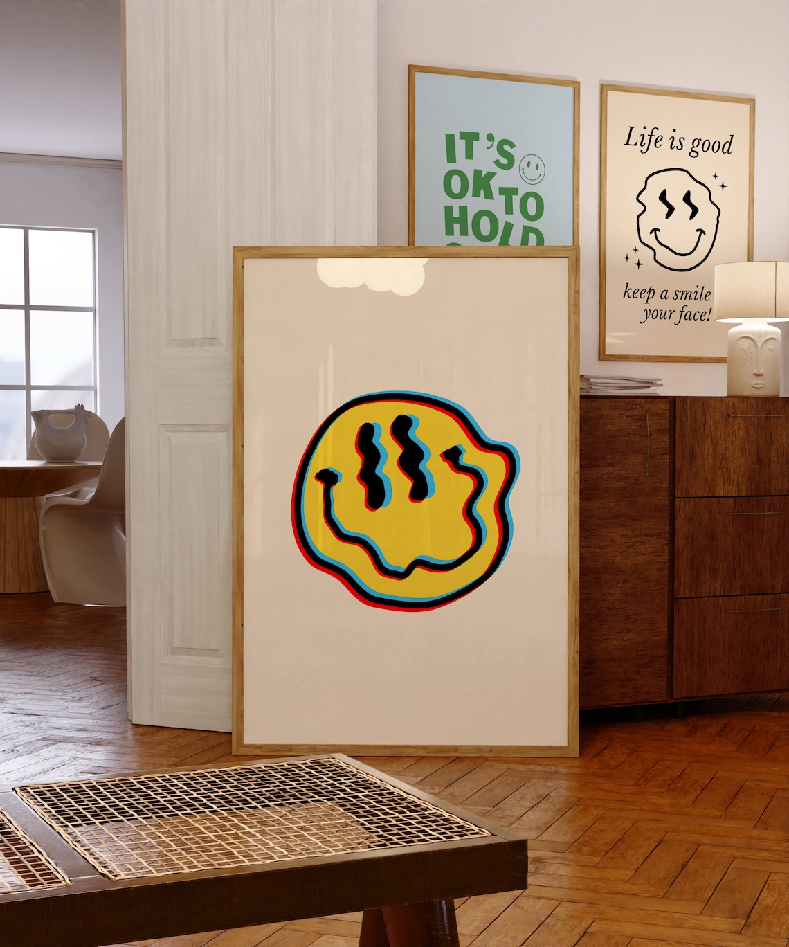 Trippy Melting Yellow Smiley Face Retro Groovy Outline Art Poster