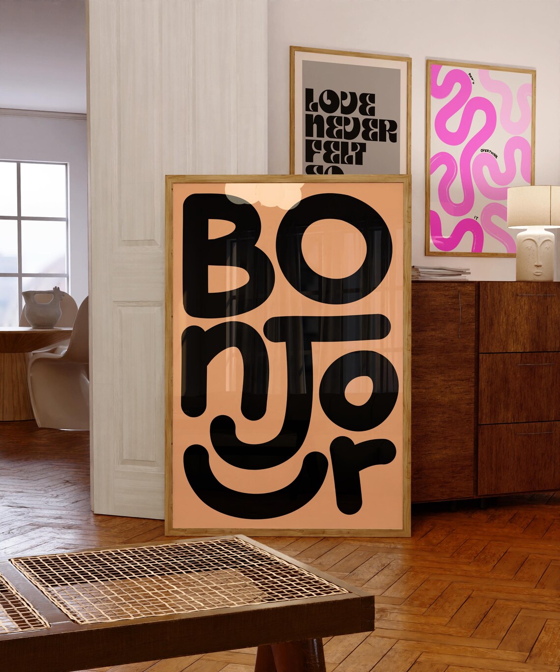Bonjour Peach Retro Typography Minimalist Chic French Poster