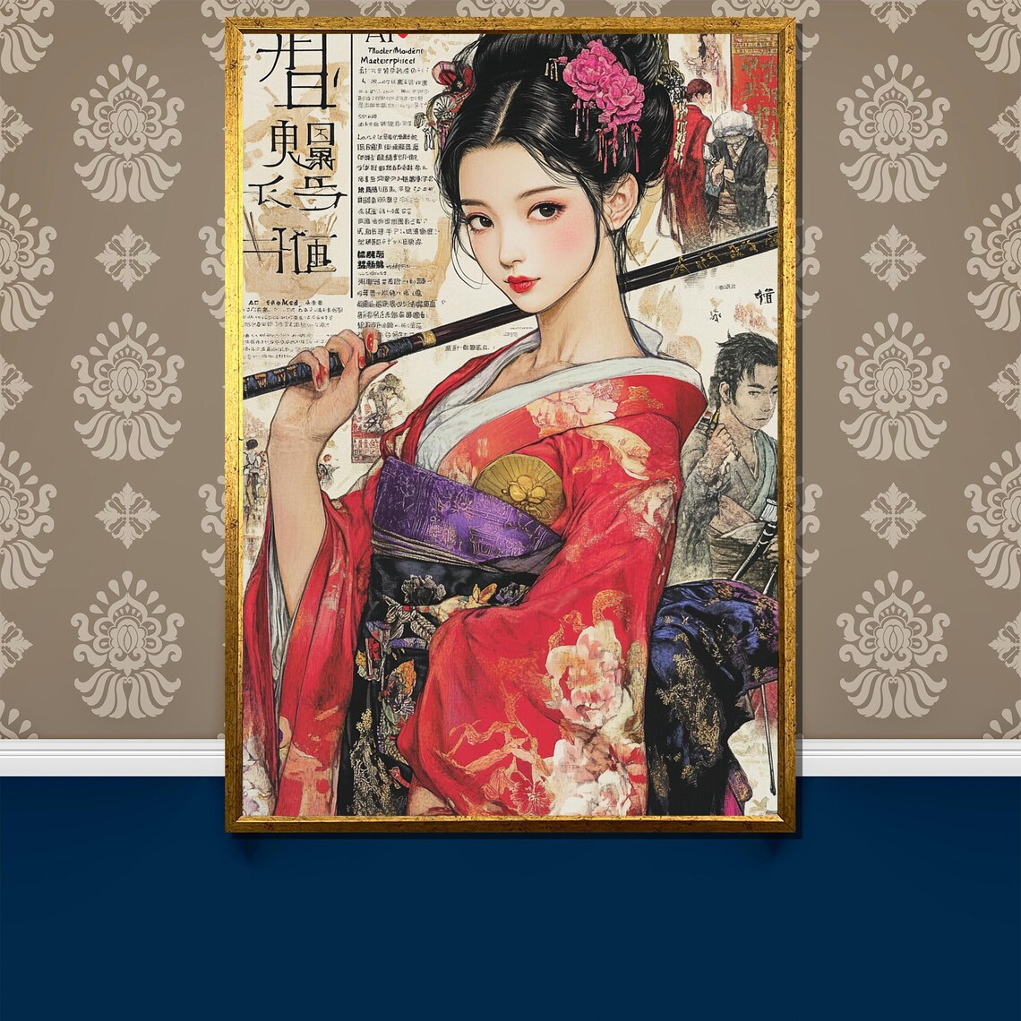 Anime Geisha Warrior In Red Floral Kimono Manga Collage Art Poster