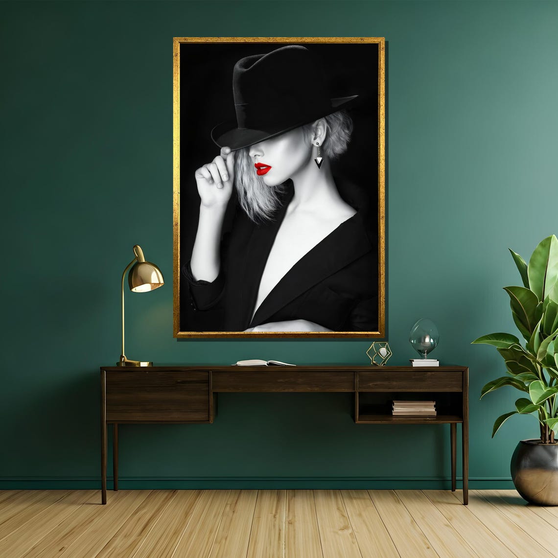 Femme Fatale In Black Hat With Red Lips Noir Style Art Poster - Image 5