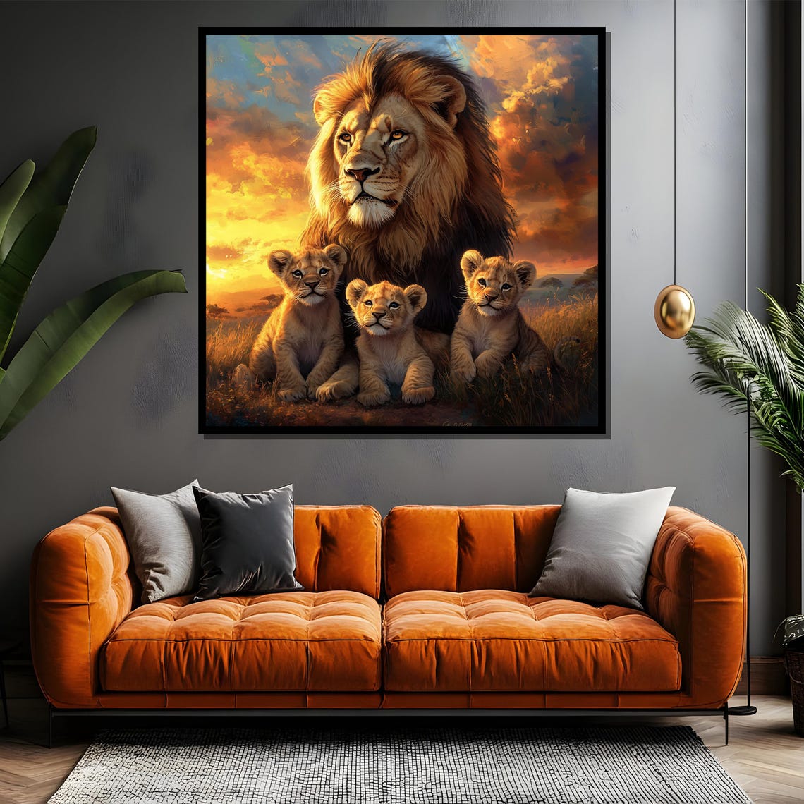 Noble Lion With His Three Cubs Under A Fiery Sunset Sky Poster - Image 4