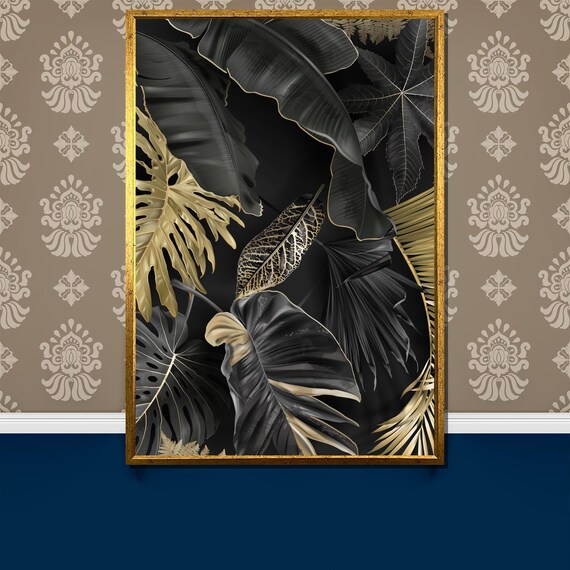 Luxury Gold And Black Tropical Leaves Painting Gift Modern Botanical Wall Art For Home Decor Elegant Jungle Painting