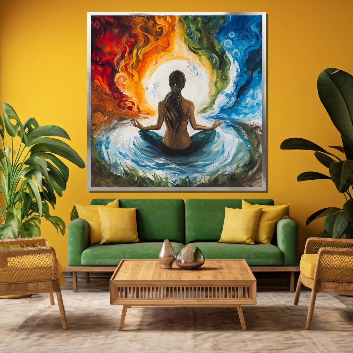 Meditating Woman Among Four Elements Fire and Water Art Poster - Image 3