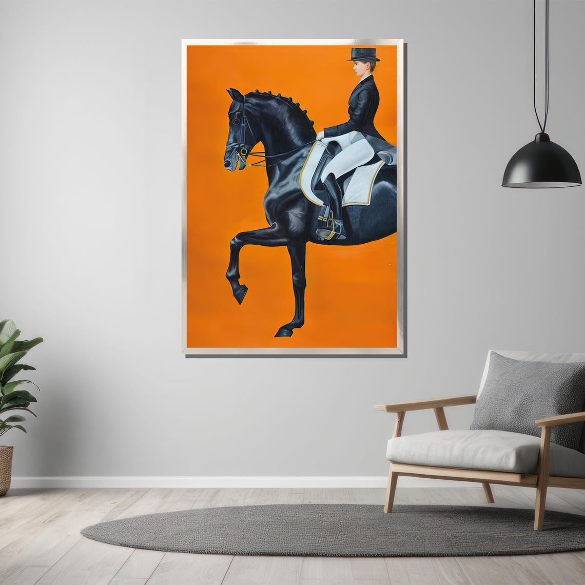 Equestrian Dressage Rider on Black Horse Bold Orange Art Poster - Image 3