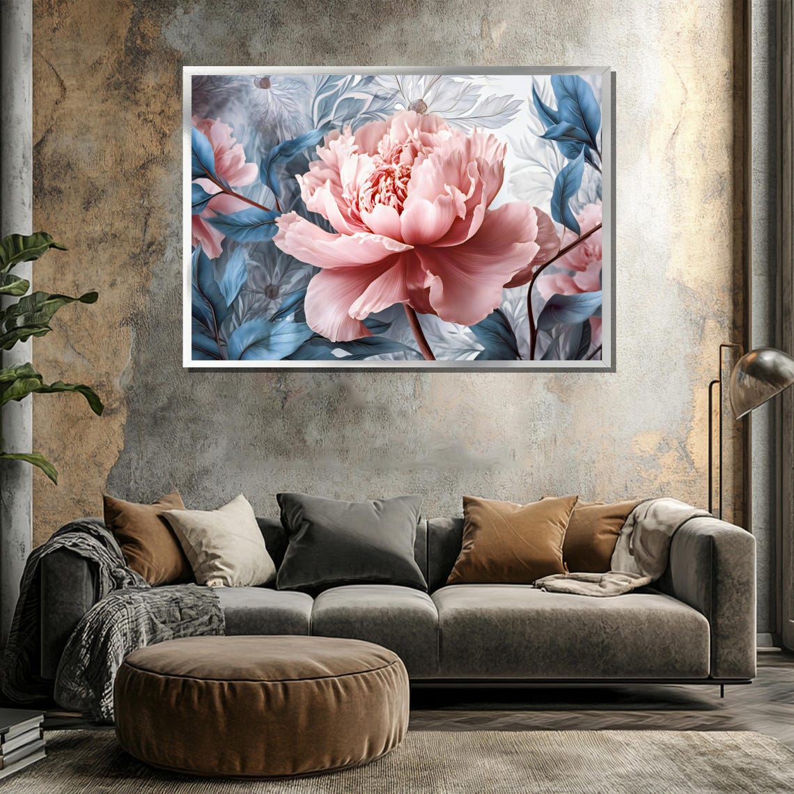 Romantic Pink Peony Pastel Blue Leaves Large Floral Art Poster - Image 3