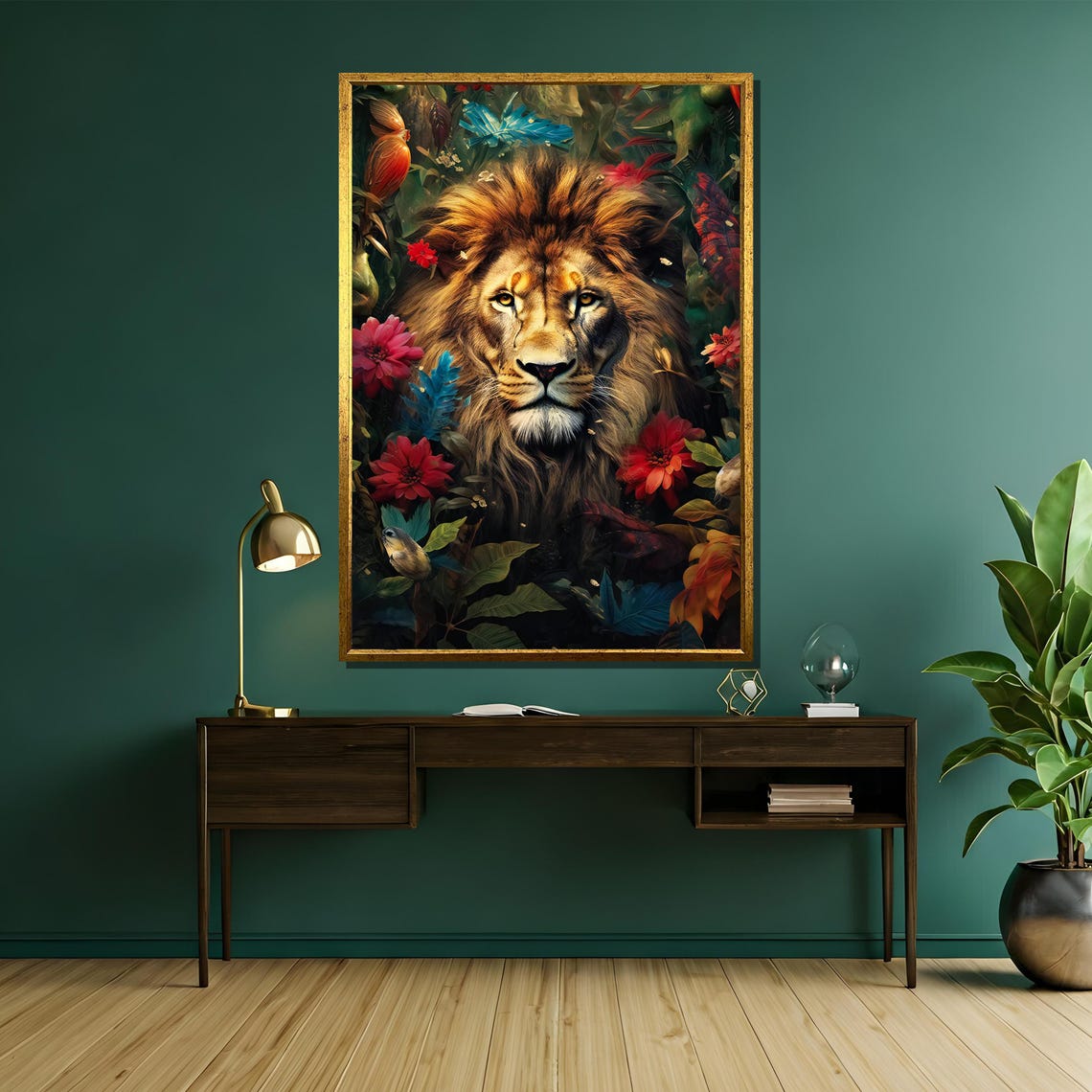 Majestic Lion Surrounded By Lush Tropical Flowers And Leaves Poster - Image 5