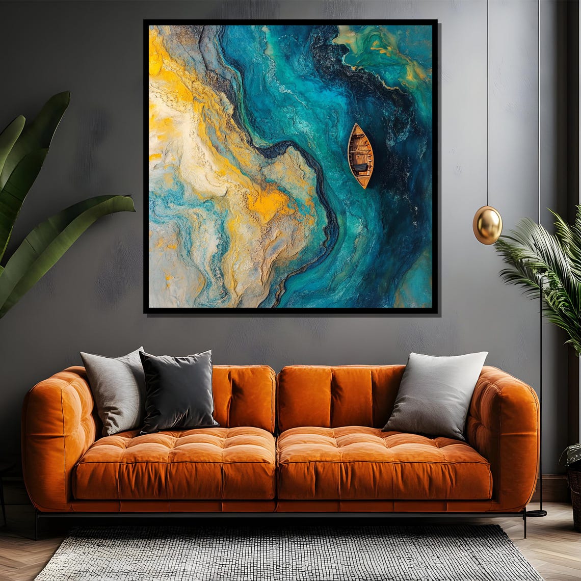 Abstract Turquoise River With Tiny Wooden Boat From Above Art Poster - Image 4