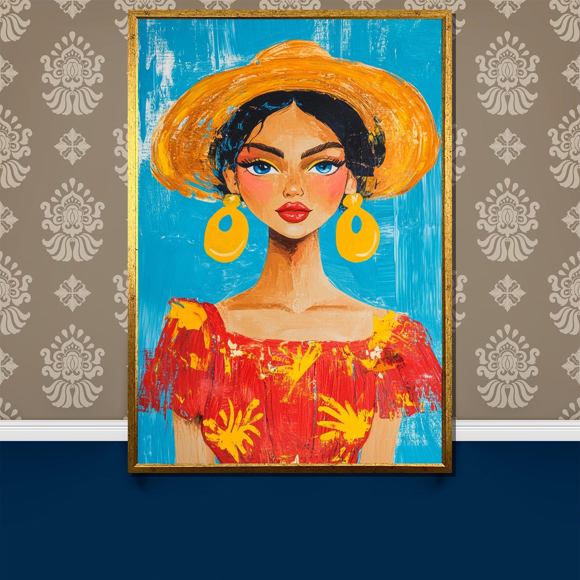 Colorful Summer Woman Portrait Straw Sun Hat Bright Blue Poster