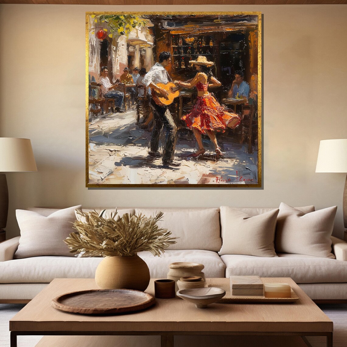 Sunlit Spanish Street Guitarist and Dancer Cafe Scene Art Poster - Image 5