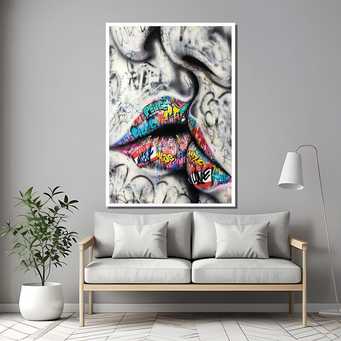 Colorful Graffiti Lips With Peace Love Urban Street Art Poster - Image 2