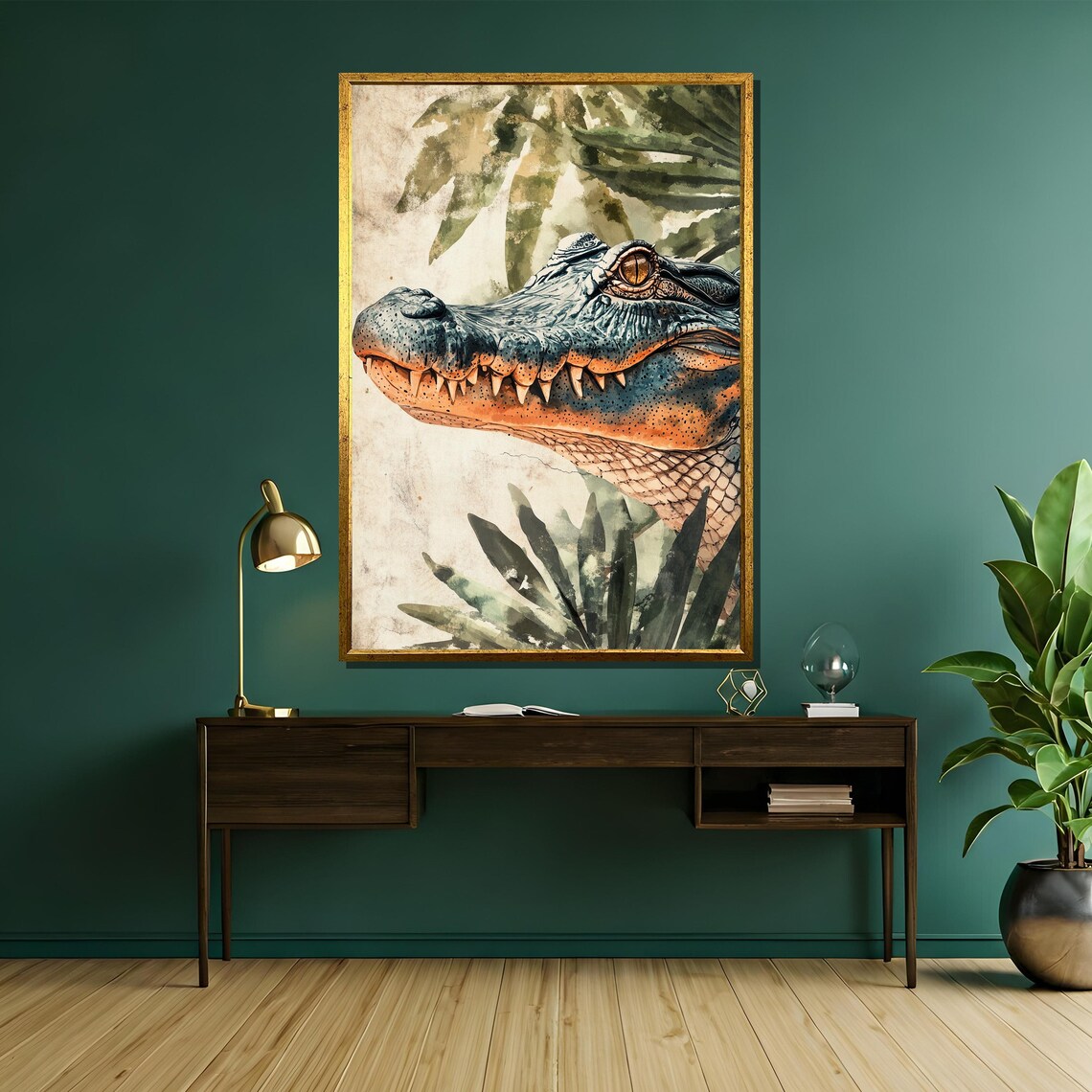 Alligator Watercolor Portrait Jungle Leaves Wildlife Art Poster - Image 5
