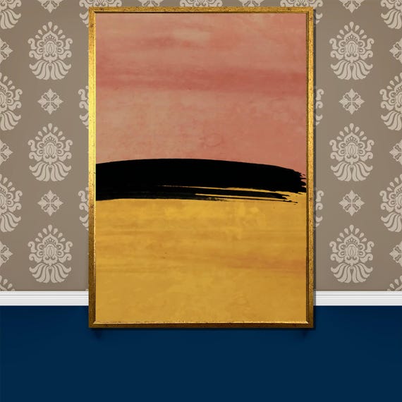 Sunset Pink And Golden Yellow Abstract Painting Modern Art Gift For Elegant Home Decor With Bold Minimalist Brushwork