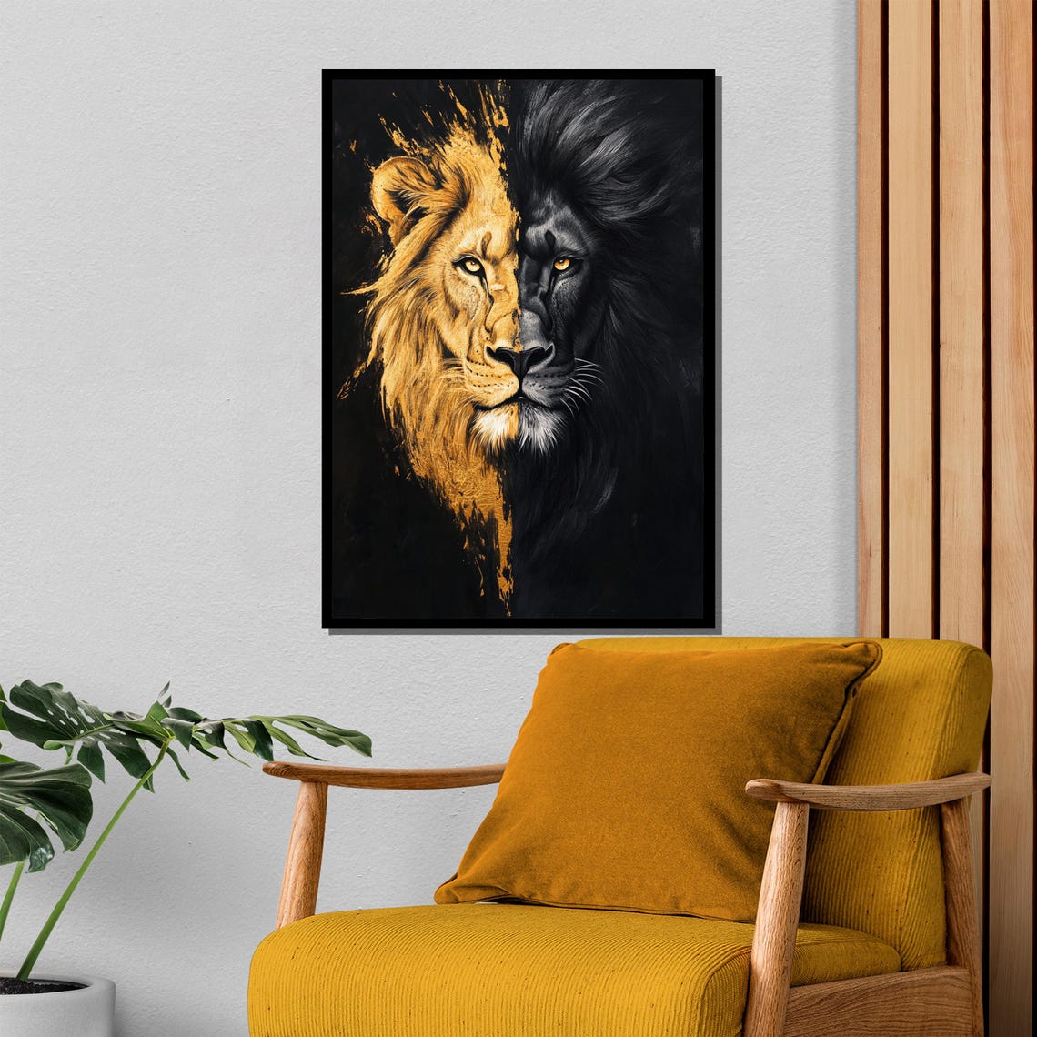 Lion Duality Gold and Black Split Face Dramatic Artwork Poster - Image 4