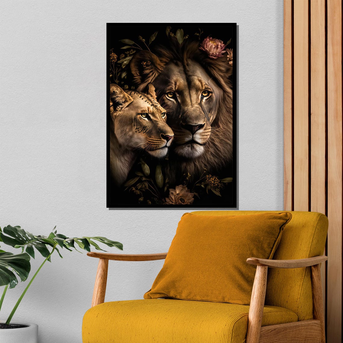 Lion And Lioness Portrait Framed By Dark Blooming Flowers Poster - Image 4
