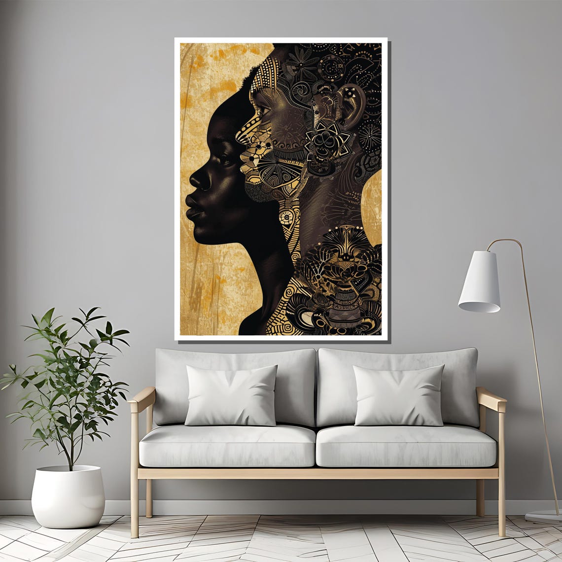 Black And Gold Afro Profile Tribal Pattern Elegant Art Poster - Image 2