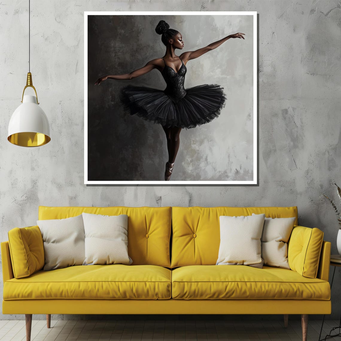 Ballerina in Black Tutu Graceful Pose Gray Studio Art Poster - Image 2
