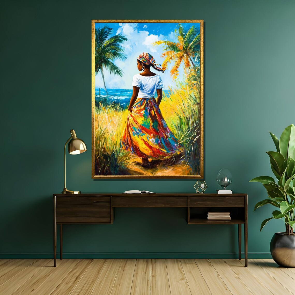 Colorful Caribbean Woman Walking Along Tropical Seaside Art Poster - Image 5