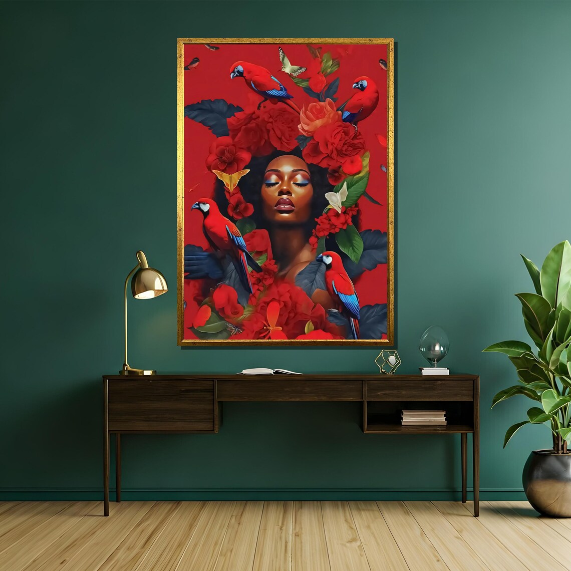 African Woman With Red Parrots And Flowers Nature Art Poster - Image 5
