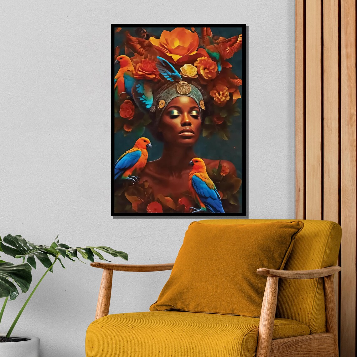 Regal Exotic Woman With Parrot Flower Crown Tropical Art Poster - Image 4