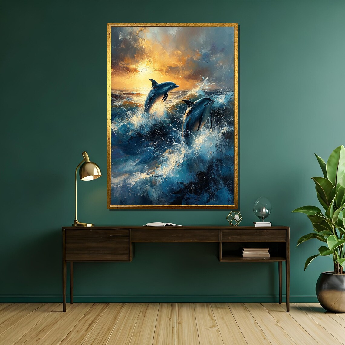 Two Dolphins Leaping Through Ocean Waves at Sunset Wildlife Painting Poster - Image 5