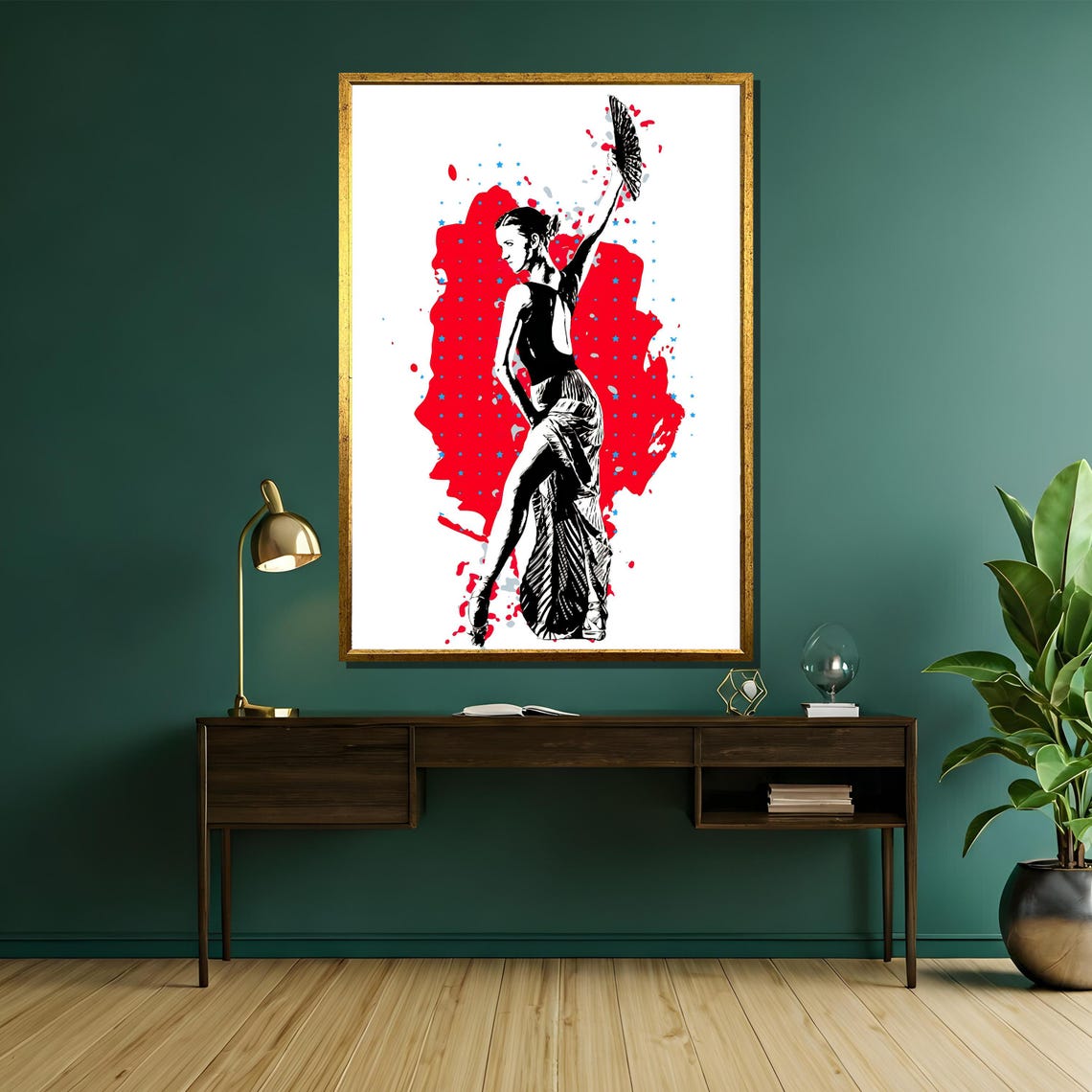 Pop Art Flamenco Dancer with Fan Red Splash Modern Painting Poster - Image 5