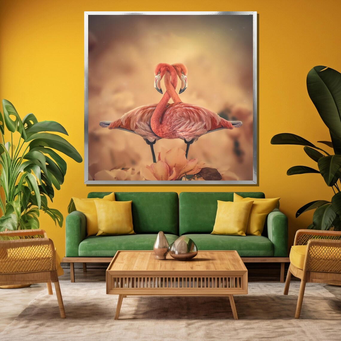 Two Flamingos with Necks Forming a Heart Romantic Painting Poster - Image 3