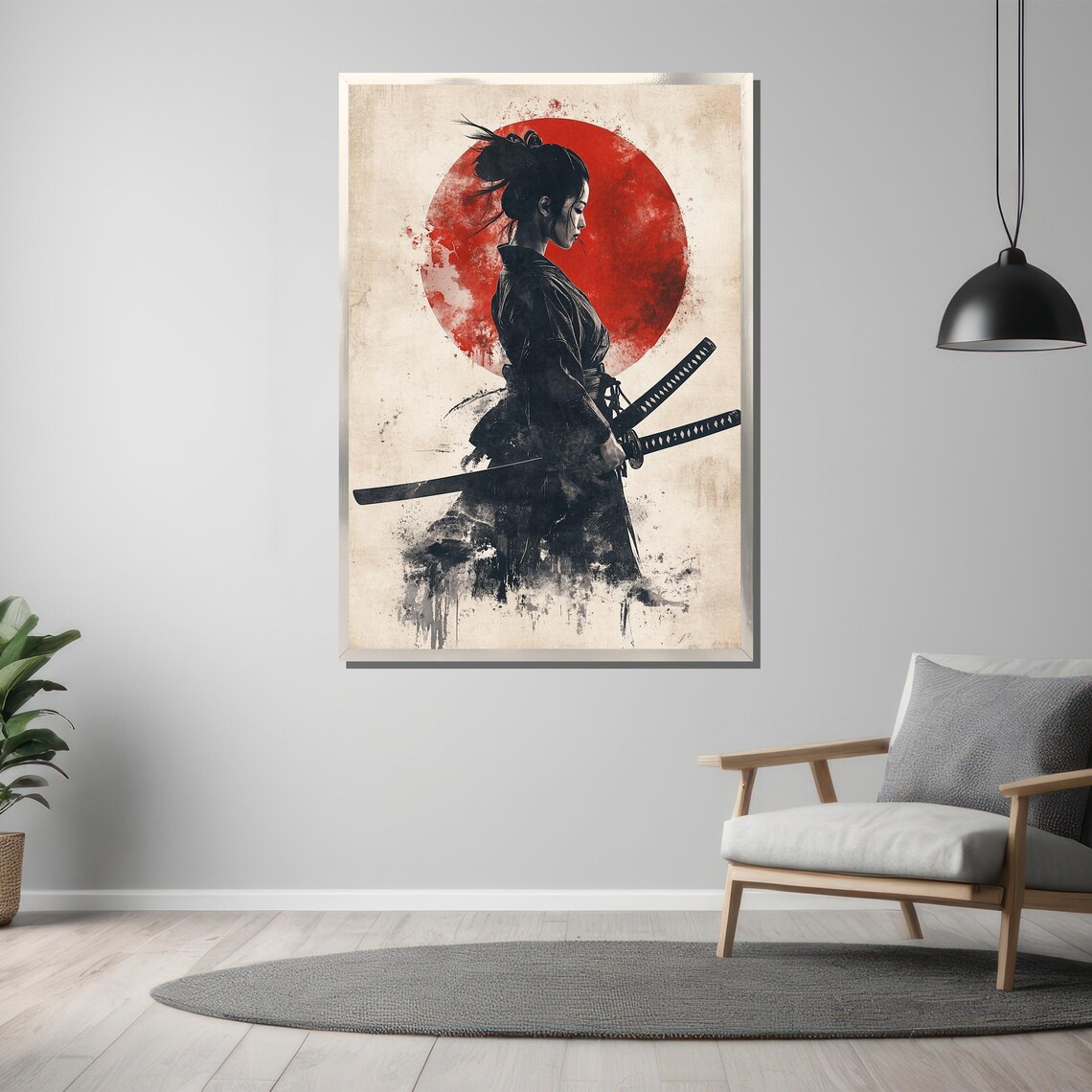 Samurai Woman Art Print, Bold Red Sun Circle - Image 3