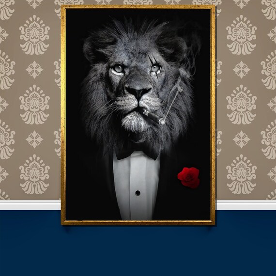 Dapper Lion In Tuxedo With Red Rose And Cigar Portrait Poster