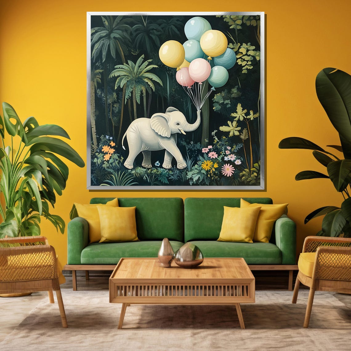 Adorable Baby Elephant Holding Pastel Balloons in Jungle Poster - Image 3