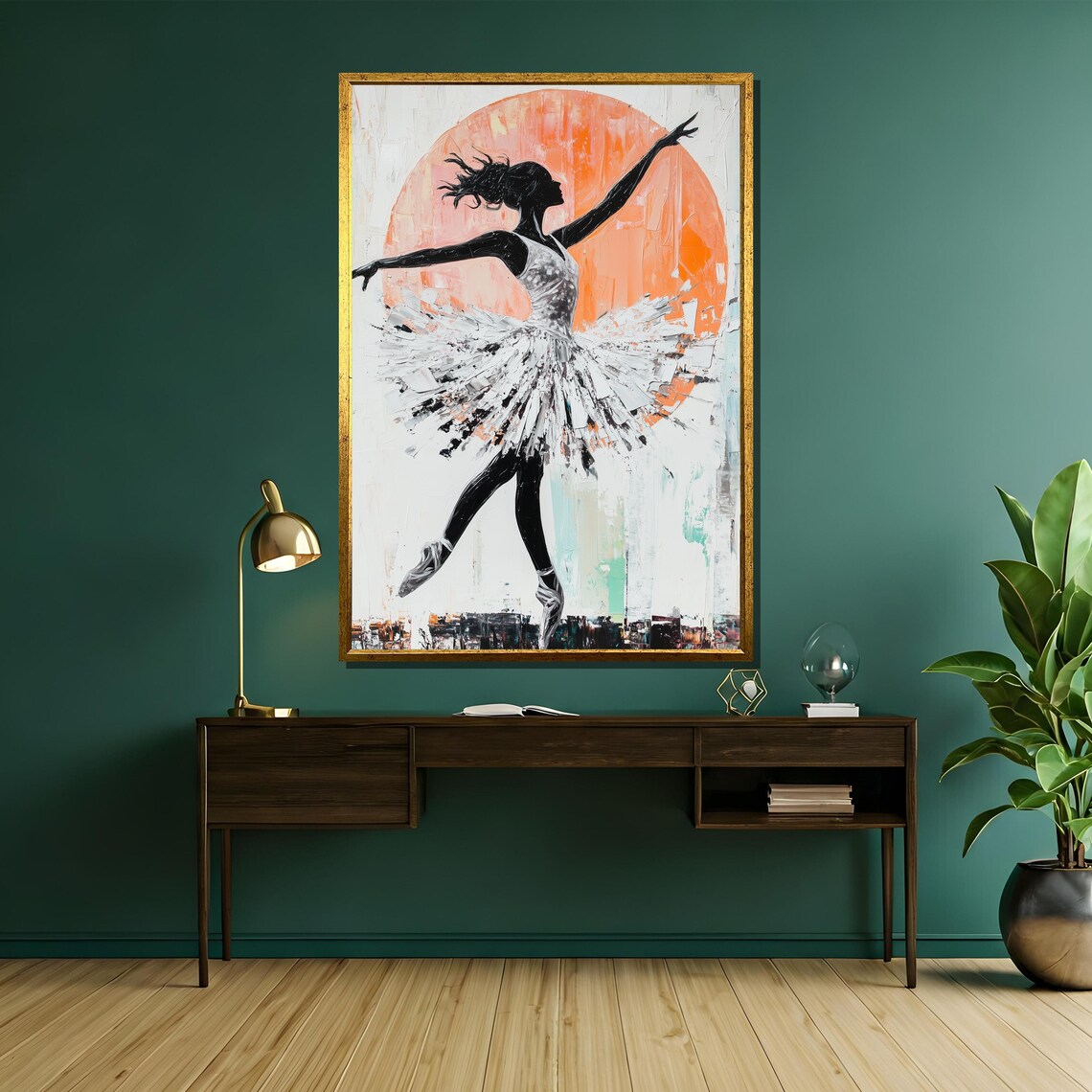 Ballerina Silhouette in White Tutu with Orange Sun Circle Art Poster - Image 5