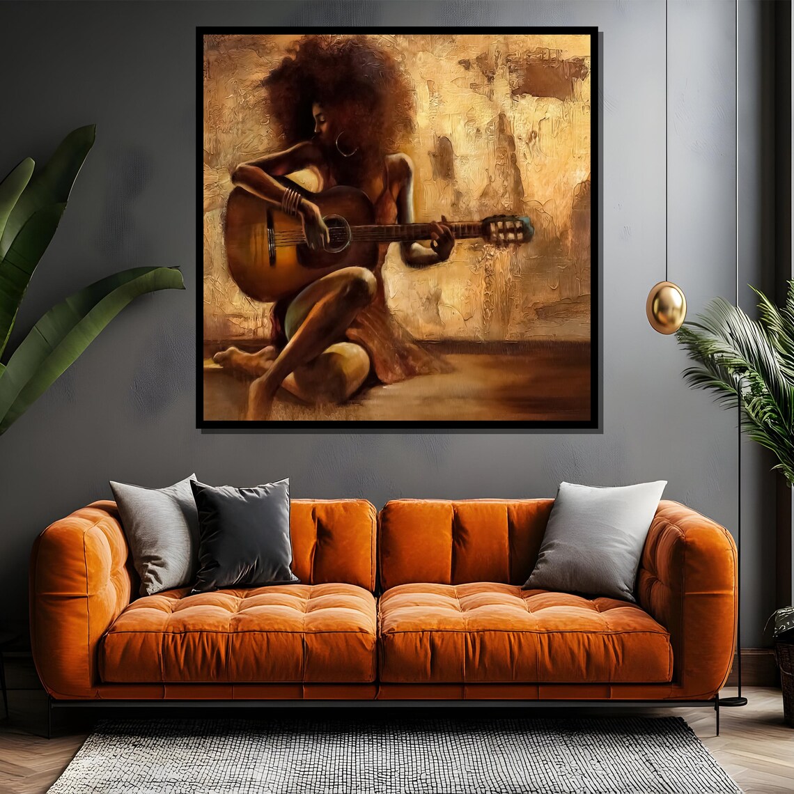 Woman Playing Guitar Warm Afro Acoustic Music Painting Poster - Image 4