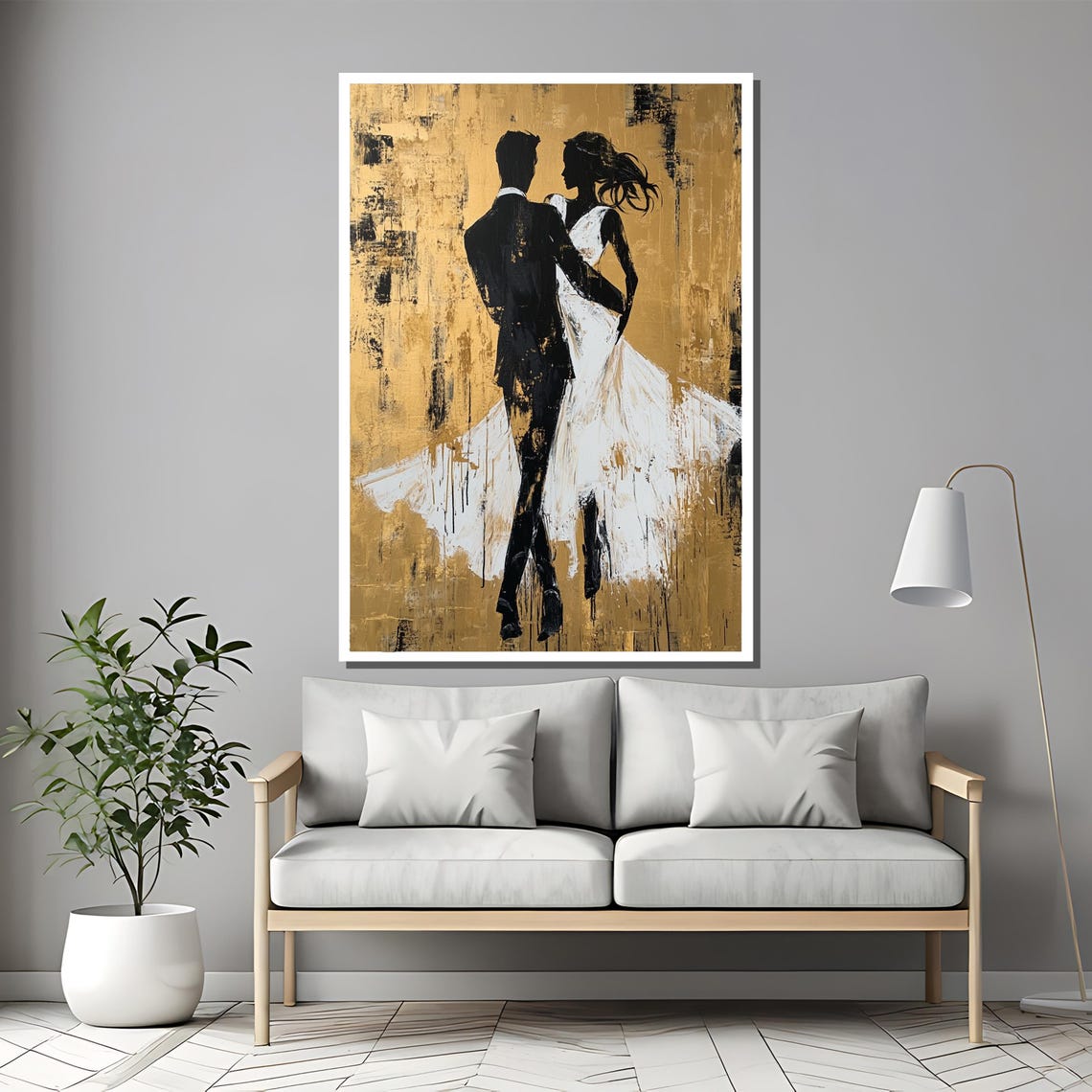 Wedding Couple Silhouette Dancing On Textured Gold Background Poster - Image 2