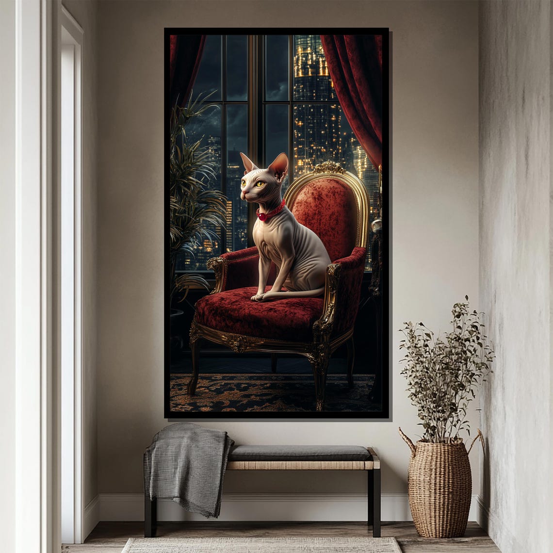 Throne Room Regal Sphynx Cat Overlooking Night City Skyline Poster - Image 4