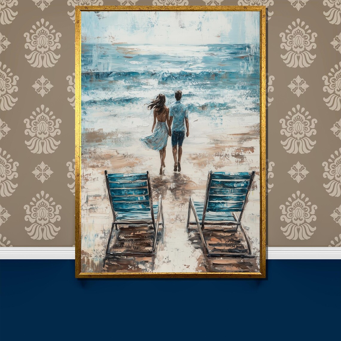 Romantic Couple Walking To The Ocean Past Two Blue Beach Chairs Poster