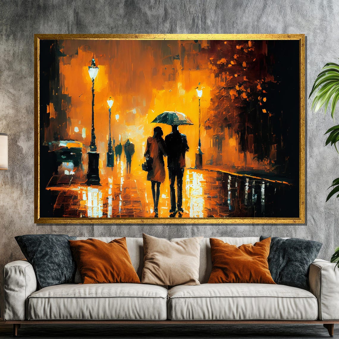 Rainy Night Romance Couple Under Umbrella Warm Golden Art Poster