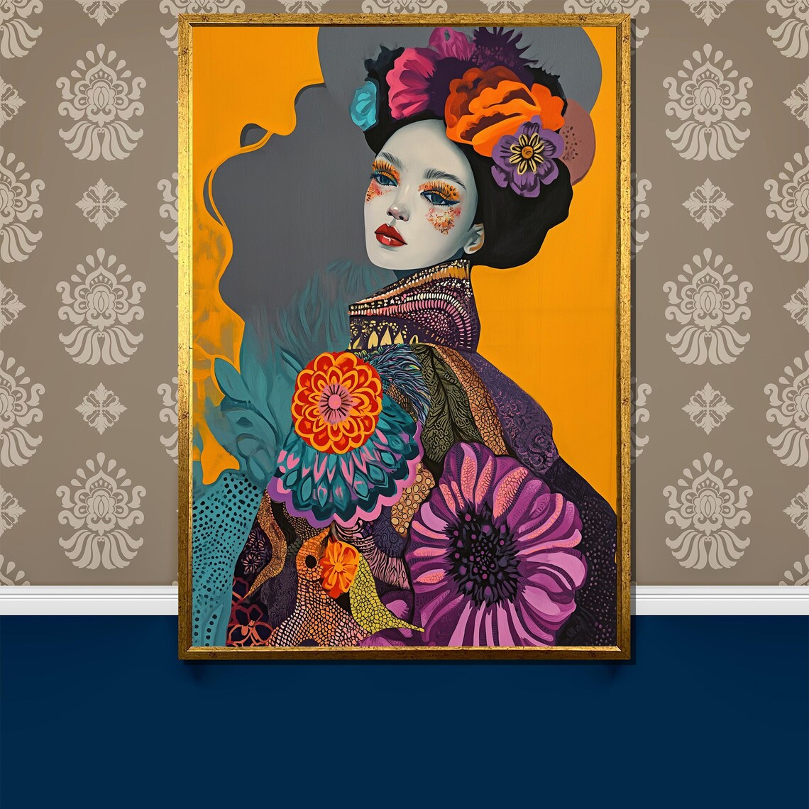 Colorful Floral Geisha Portrait On Bold Orange Pop Art Poster